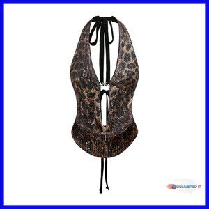 Sequin Halter Corset Top Y2K Tie Back Plunge Neck Crop